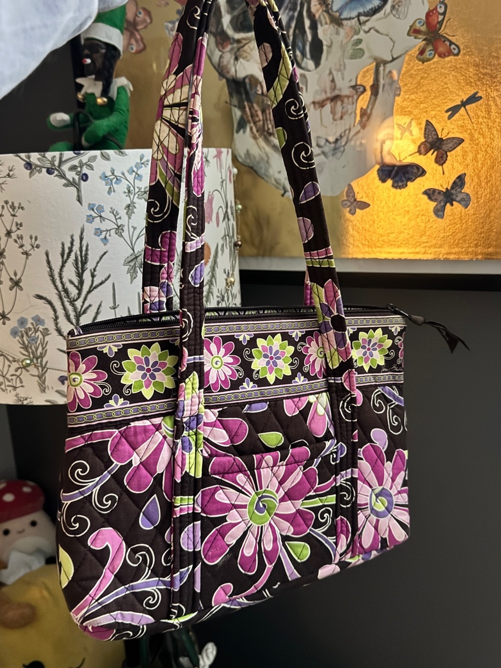 Vera Bradley Quilted Floral Tote in Black, Purple and Green